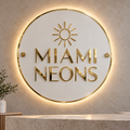 Illustrative mockup of a white round acrylic Miami Neons business sign with raised gold lettering and warm-white LED halo