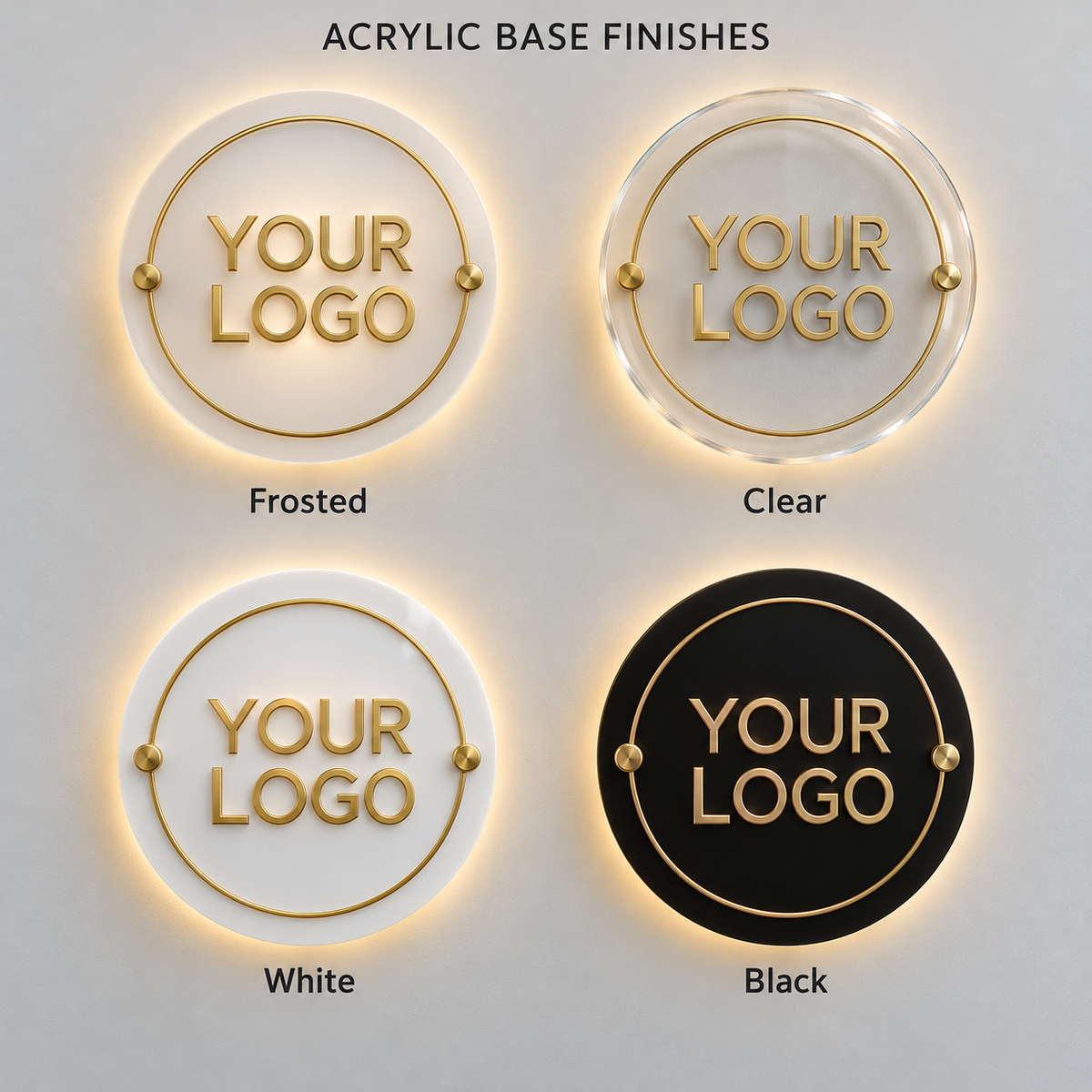 Illustrative comparison of frosted, clear, white and black round acrylic backlit business sign bases