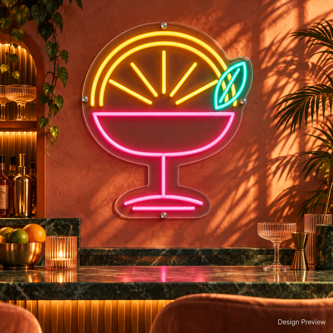 Design Preview: Citrus Afterglow Neon Sign in a tropical modern cocktail bar with dusty coral plaster, a green stone counter, fluted glassware and a palm shadow; sunset light. Generated room visualization, predefined colors shown.
