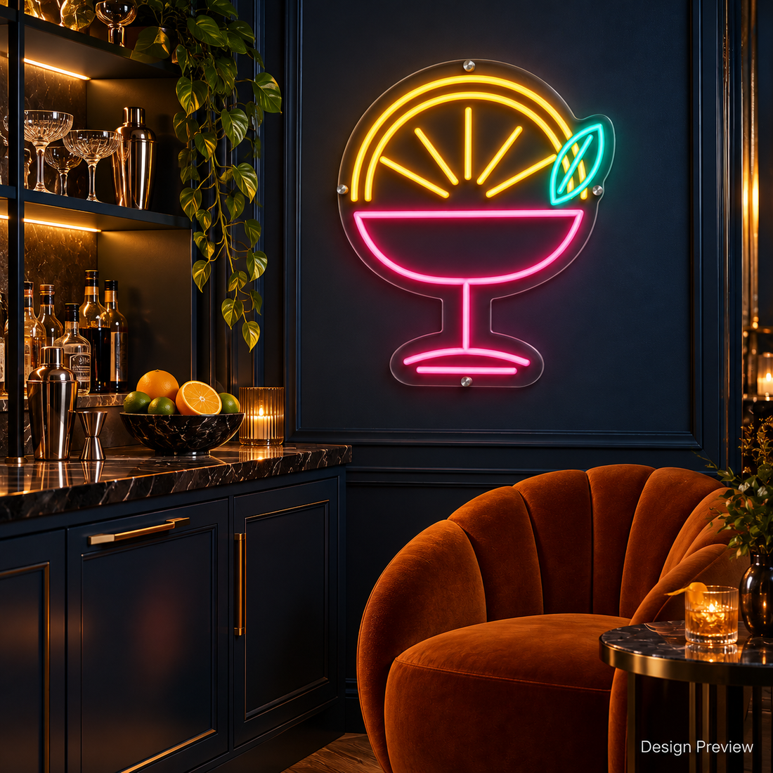 Design Preview: Citrus Afterglow Neon Sign in a tropical modern cocktail bar with dusty coral plaster, a green stone counter, fluted glassware and a palm shadow; sunset light. Generated room visualization, predefined colors shown.