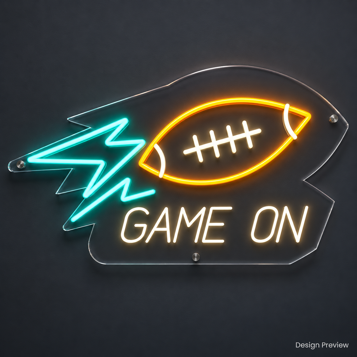 Design Preview: clean front view of Kickoff Bolt Neon Sign, wide diagonal football-and-lightning silhouette with slanted lettering, in its predefined color palette. Generated concept visualization.
