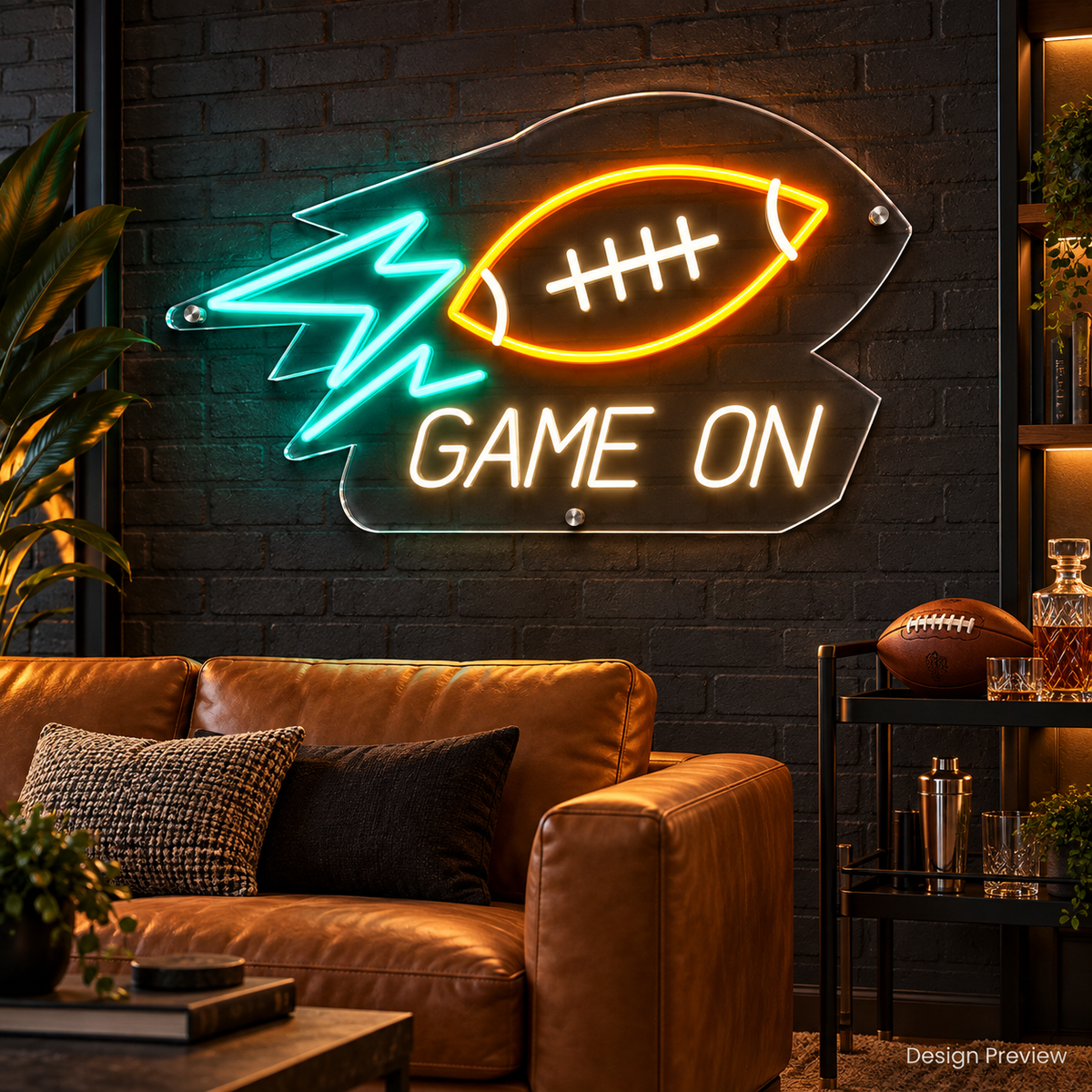 Design Preview: Kickoff Bolt Neon Sign in a modern sports lounge with charcoal brick, a caramel leather sofa, a black steel drinks cart and an unbranded football; energetic but refined. Generated room visualization, predefined colors shown.