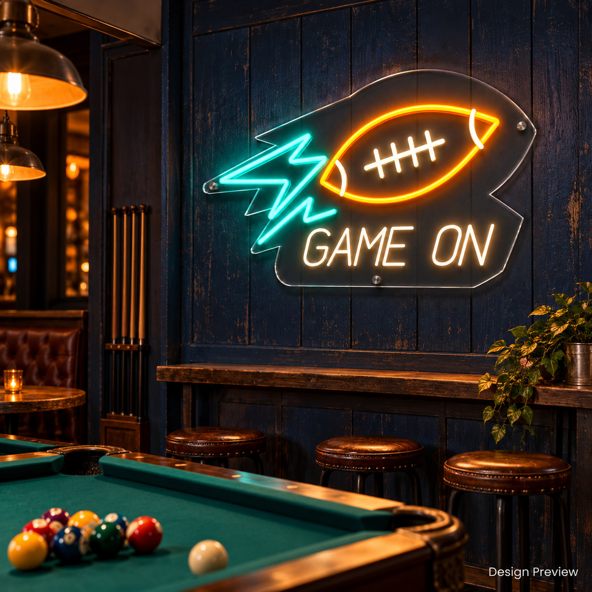 Design Preview: Kickoff Bolt Neon Sign in an independent sports bar corner with weathered navy paneling, a vintage pool table and warm pendant lights; no team logos or TV content. Generated room visualization, predefined colors shown.