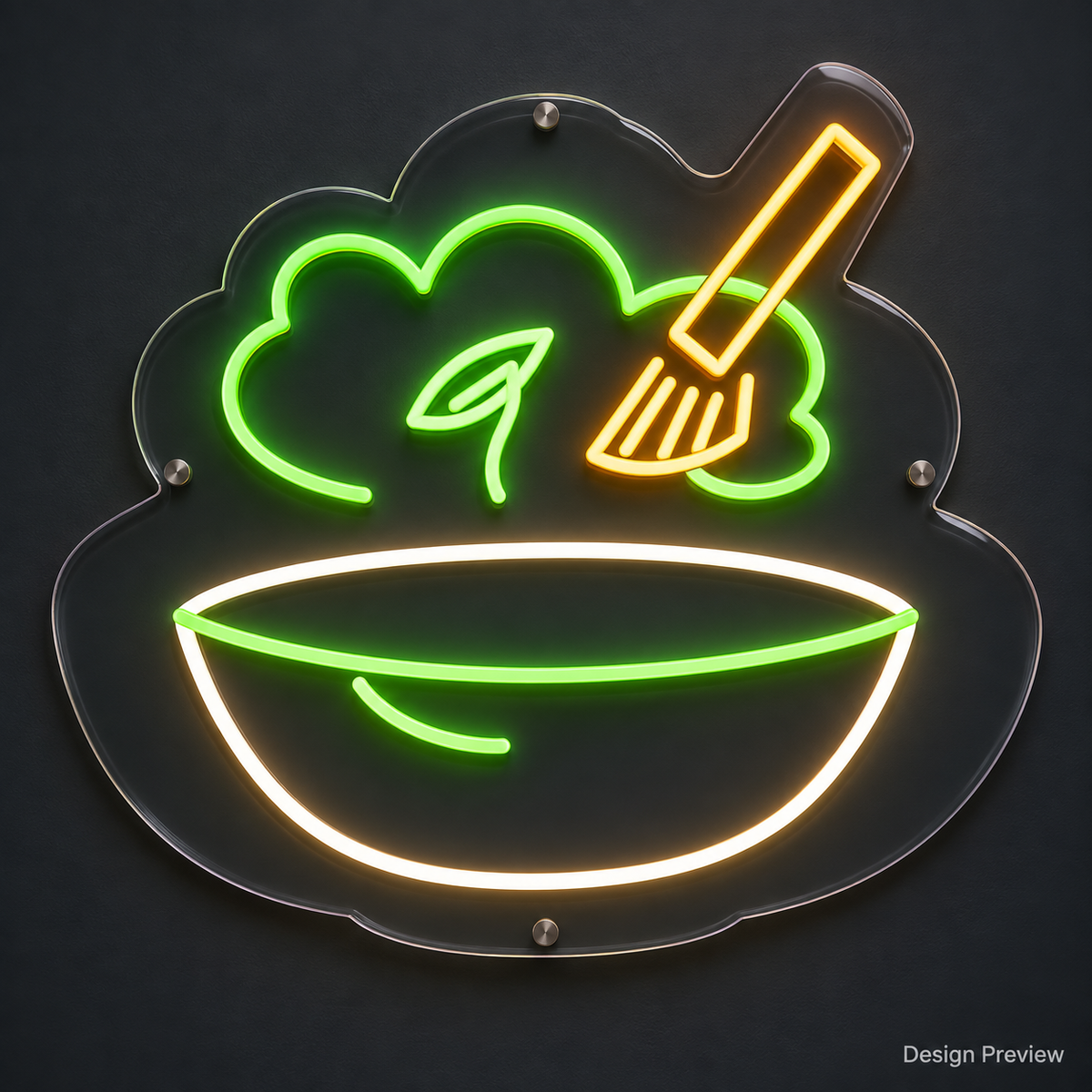 Design Preview: clean front view of Matcha Daydream Neon Sign, asymmetric bowl, steam-cloud and diagonal whisk silhouette, in its predefined color palette. Generated concept visualization.