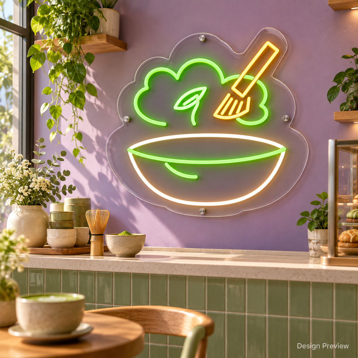 Design Preview: Matcha Daydream Neon Sign in a playful contemporary matcha cafe with muted lavender walls, a sage-green tiled counter, cream ceramics and a bamboo whisk; bright daylight. Generated room visualization, predefined colors shown.