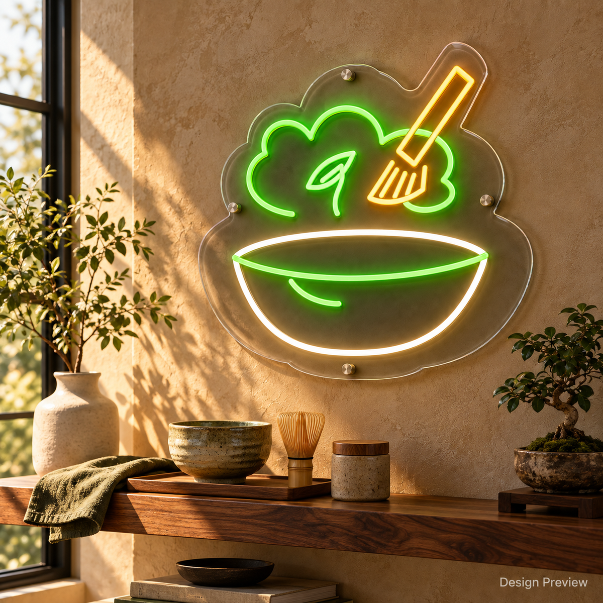 Design Preview: Matcha Daydream Neon Sign in an intimate home tea station with limewashed warm stone walls, a floating walnut shelf, a textured ceramic bowl and a small bonsai; early morning light. Generated room visualization, predefined colors shown.