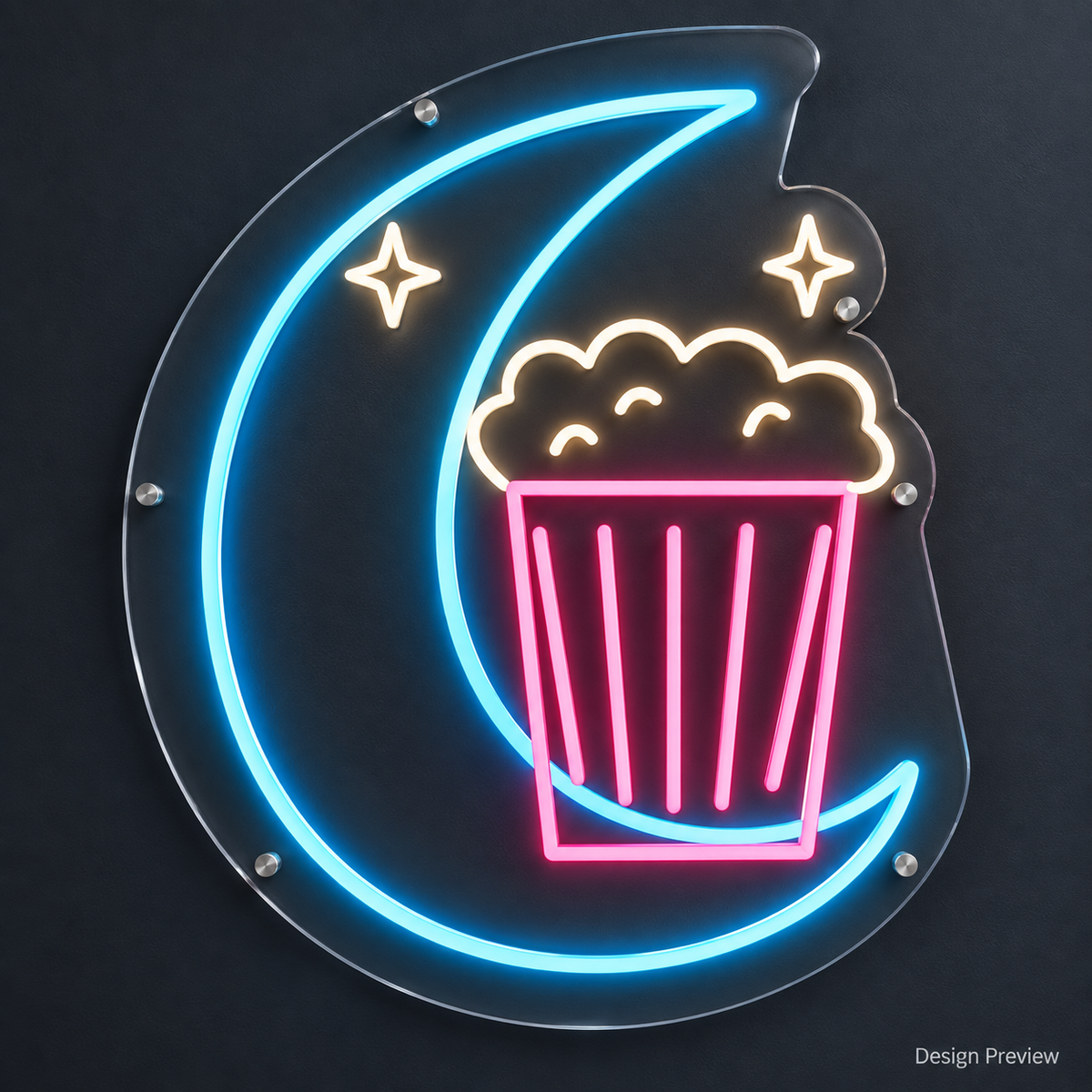 Design Preview: clean front view of Midnight Popcorn Neon Sign, tall crescent moon wrapped around a bursting popcorn bucket, in its predefined color palette. Generated concept visualization.