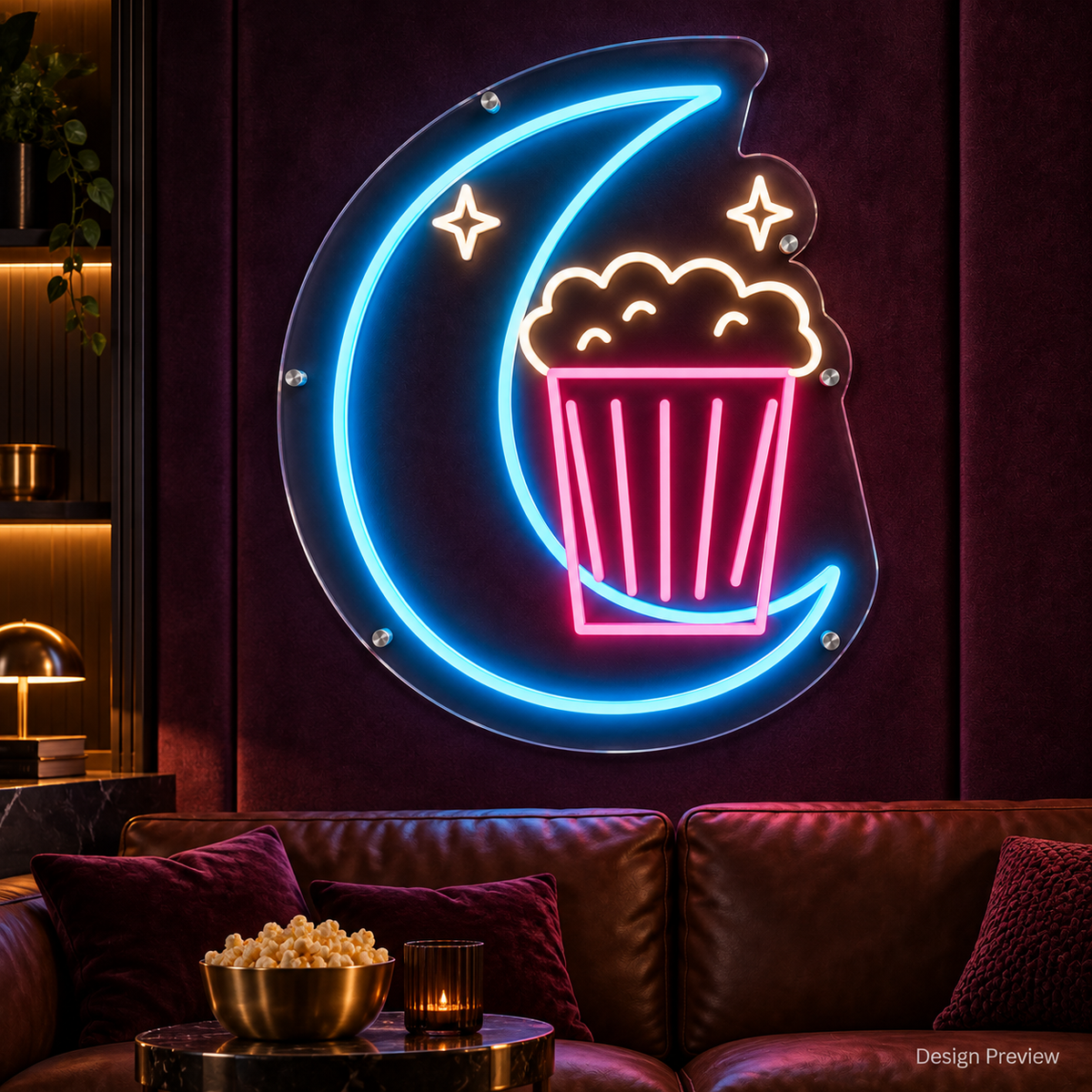 Design Preview: Midnight Popcorn Neon Sign in a cinematic home theater with aubergine velvet wall panels, a low chocolate leather sofa and a small popcorn table; moody evening light; no screen content. Generated room visualization, predefined colors shown.