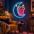 Design Preview: Midnight Popcorn Neon Sign in a colorful apartment screening corner with indigo walls, a mustard armchair, a compact side table and a record shelf; cozy low lighting; no movie branding. Generated room visualization, predefined colors shown.