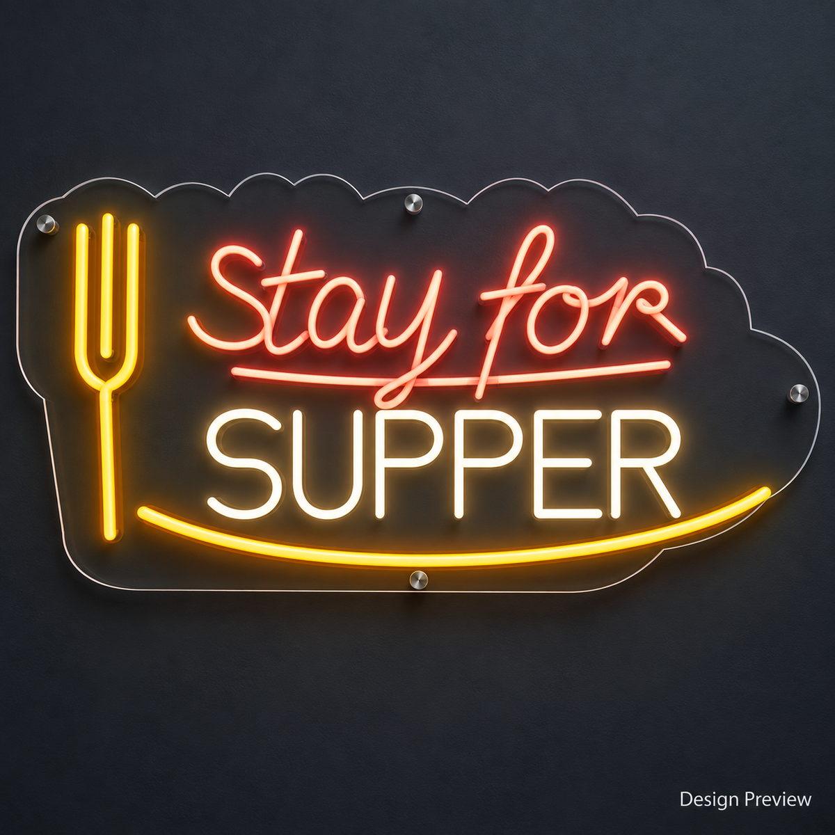 Design Preview: clean front view of Stay for Supper Neon Sign, low, flowing cut-to-letter silhouette with a fork and open plate sweep, in its predefined color palette. Generated concept visualization.