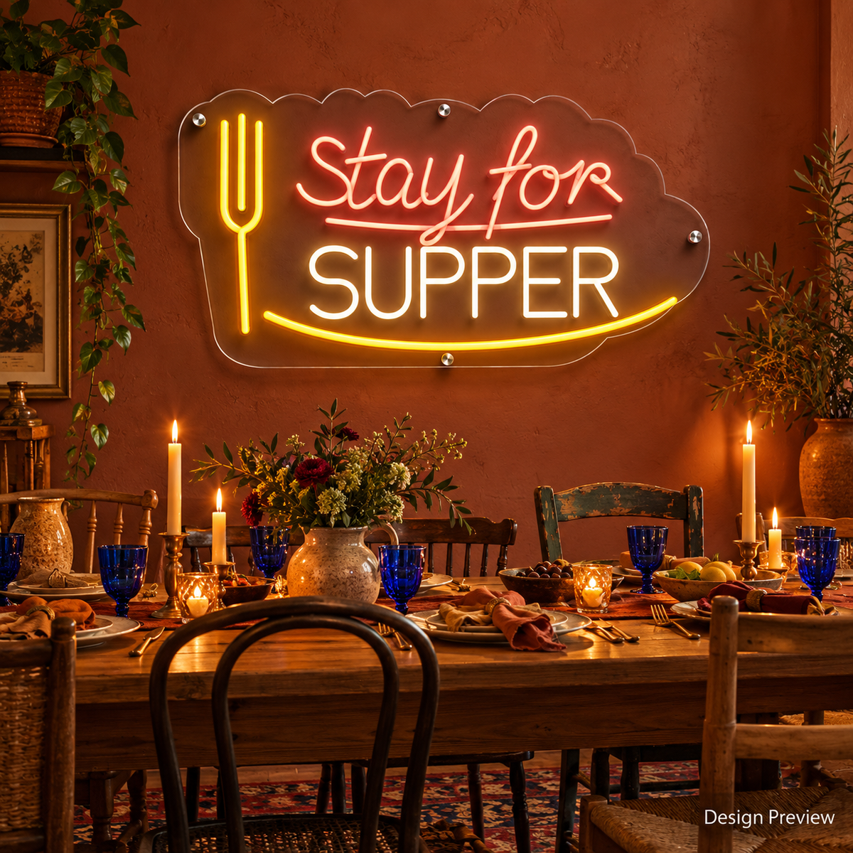 Design Preview: Stay for Supper Neon Sign in an eclectic terracotta dining room with a long oak table, cobalt glasses, mismatched vintage chairs and candles; relaxed dinner-party atmosphere. Generated room visualization, predefined colors shown.