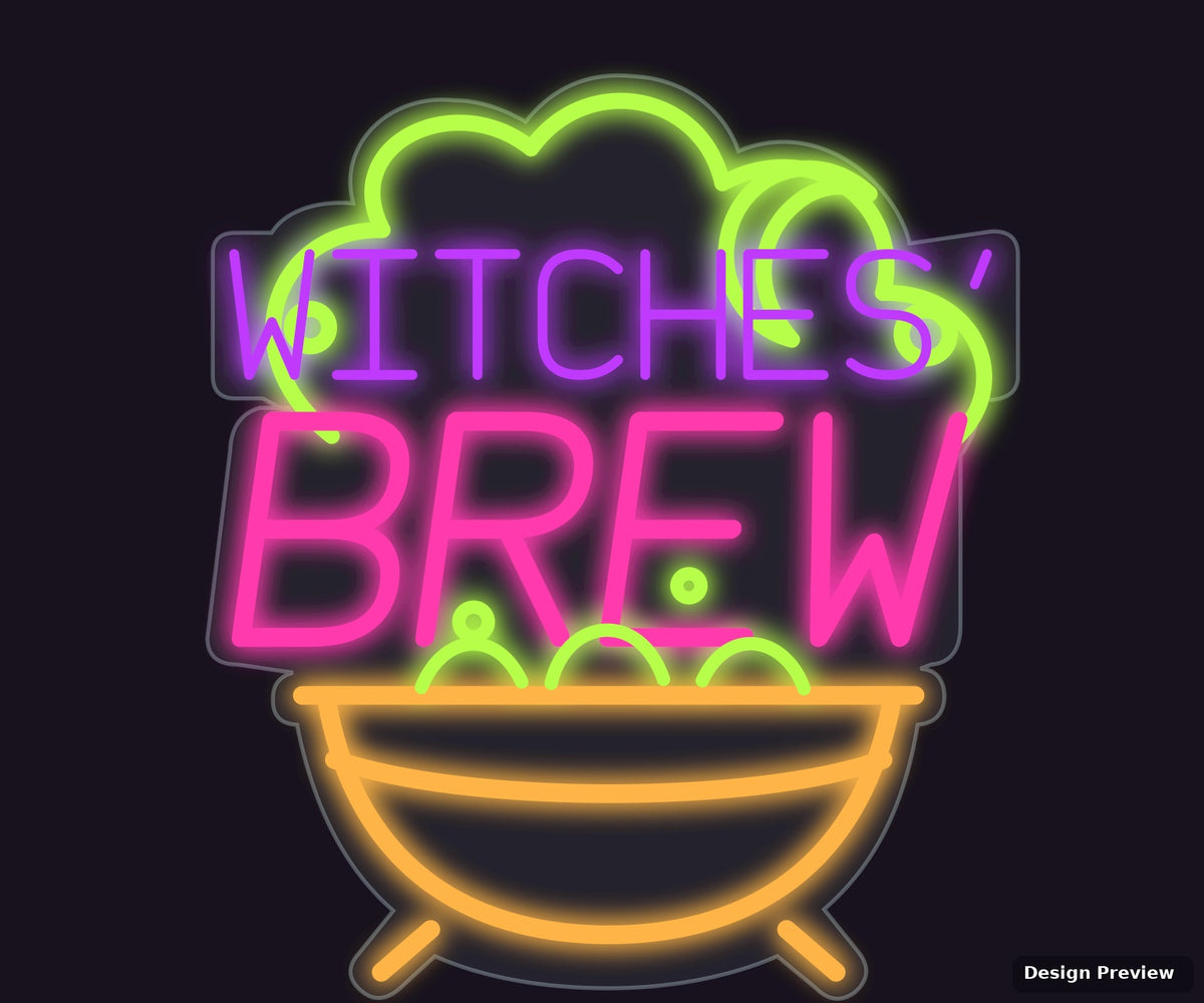 Front view of Witches’ Brew After Dark LED neon artwork and irregular clear acrylic backing - Design Preview