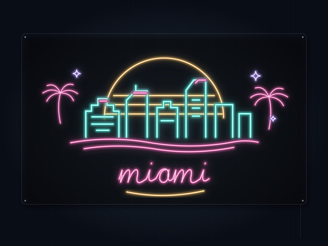 Miami Skyline Neon Sign with colorful landmark artwork and flowing city lettering - front digital render