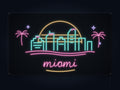 Miami Skyline Neon Sign with colorful landmark artwork and flowing city lettering - front digital render