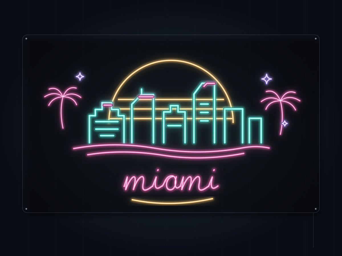 Miami Skyline Neon Sign with colorful landmark artwork and flowing city lettering - front digital render