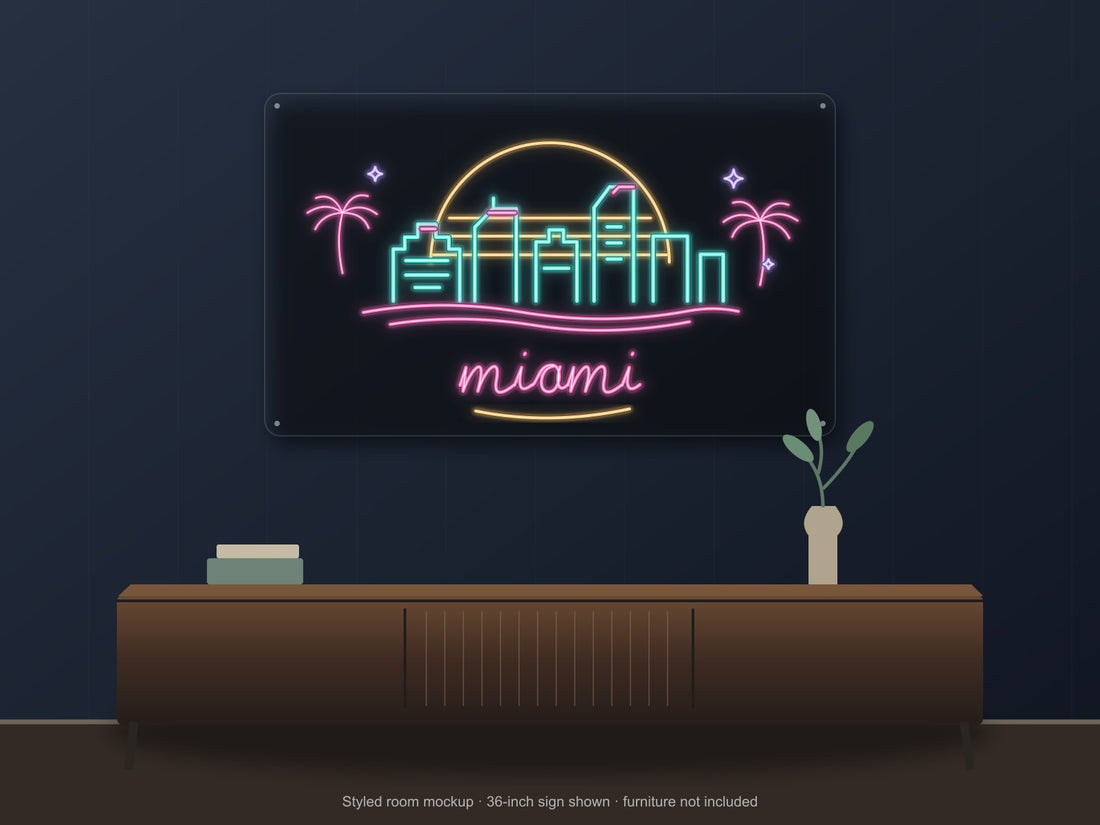 Miami Skyline Neon Sign with colorful landmark artwork and flowing city lettering - front digital render