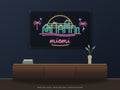 Miami Skyline Neon Sign shown above a walnut console in a styled room mockup