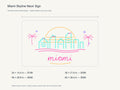 Miami Skyline Neon Sign size guide with overall dimensions for all four widths