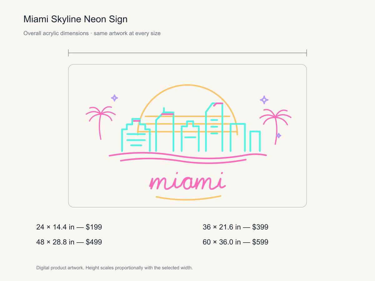 Miami Skyline Neon Sign size guide with overall dimensions for all four widths