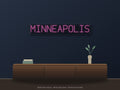 Minneapolis City Name Neon Sign shown above a walnut console in a styled room mockup