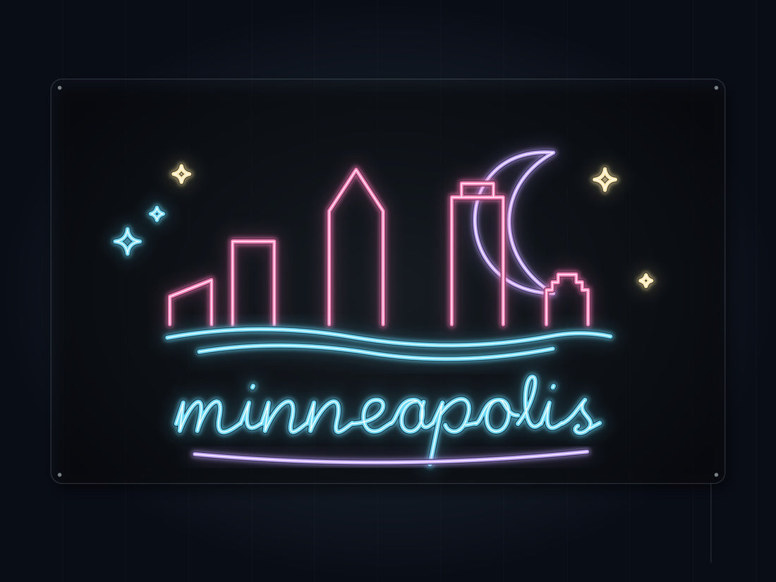 Minneapolis Skyline Neon Sign with colorful landmark artwork and flowing city lettering - front digital render