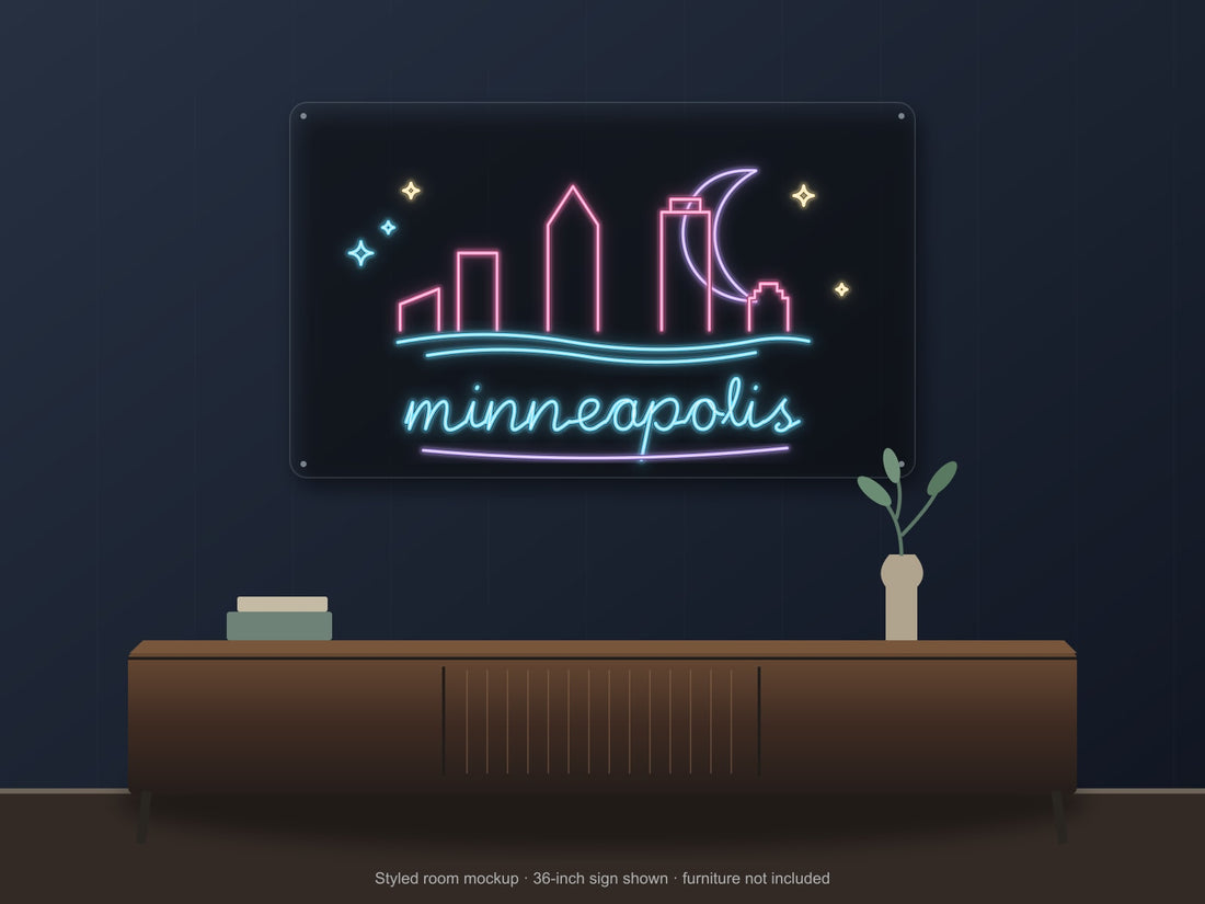 Minneapolis Skyline Neon Sign with colorful landmark artwork and flowing city lettering - front digital render