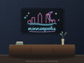 Minneapolis Skyline Neon Sign shown above a walnut console in a styled room mockup