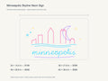 Minneapolis Skyline Neon Sign size guide with overall dimensions for all four widths