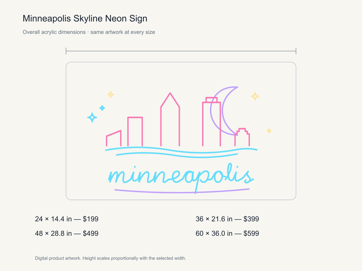 Minneapolis Skyline Neon Sign size guide with overall dimensions for all four widths