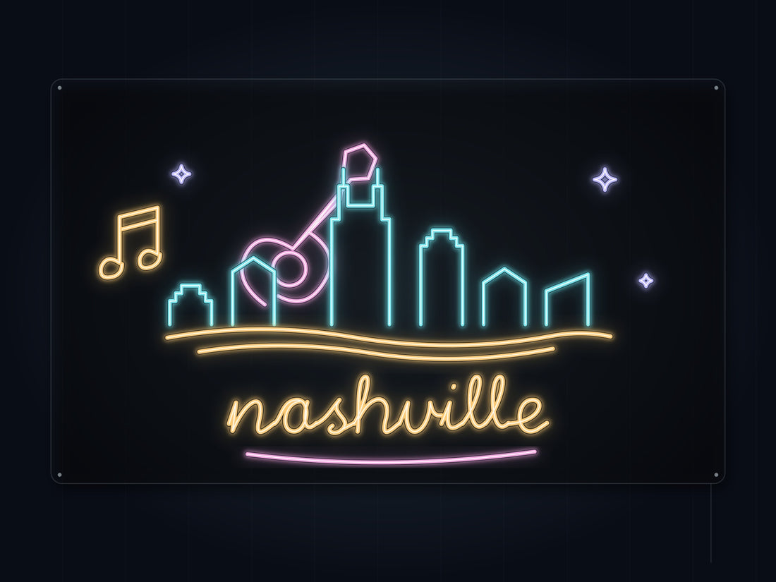 Nashville Skyline Neon Sign with colorful landmark artwork and flowing city lettering - front digital render