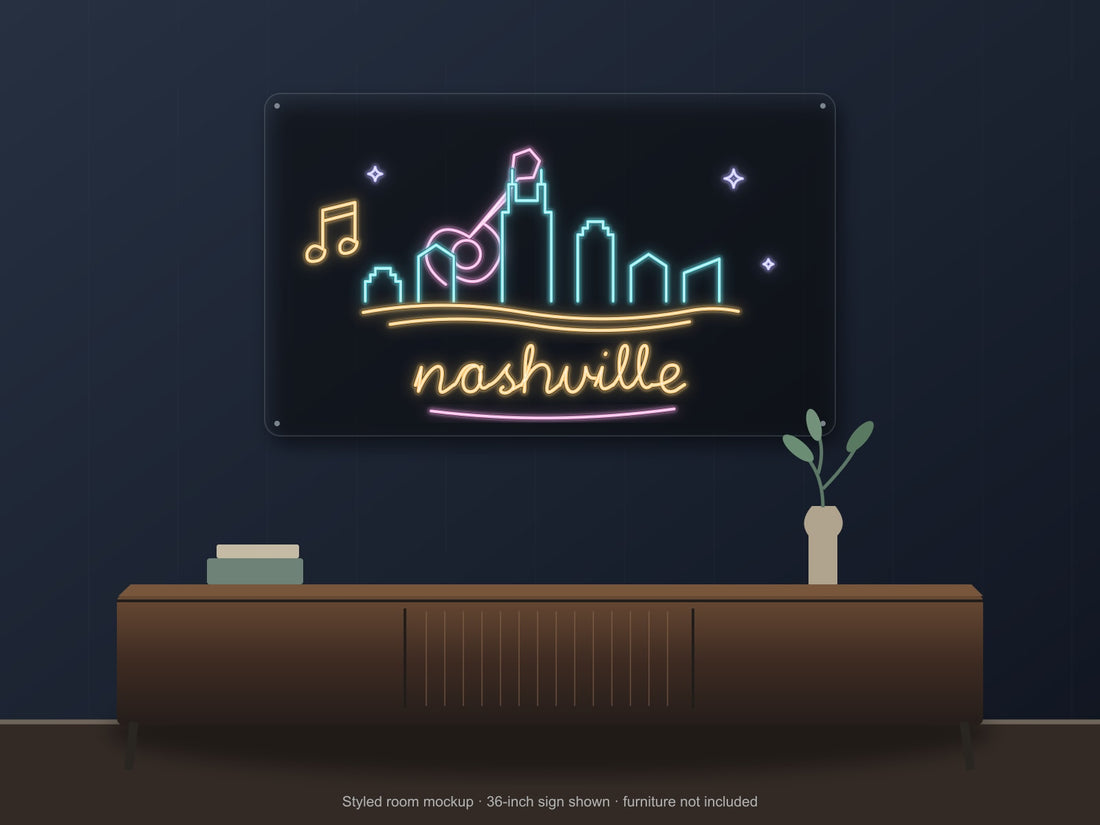 Nashville Skyline Neon Sign with colorful landmark artwork and flowing city lettering - front digital render