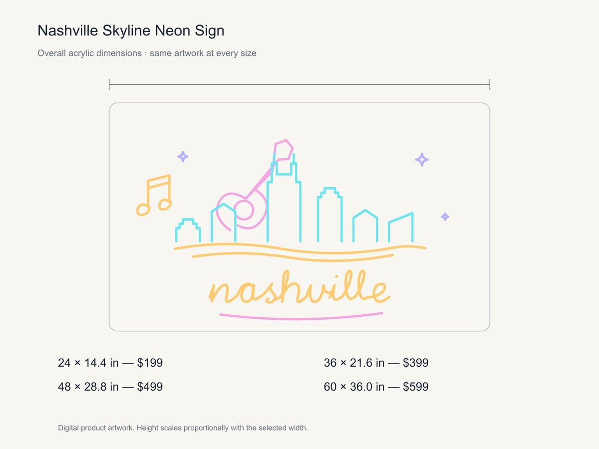 Nashville Skyline Neon Sign size guide with overall dimensions for all four widths