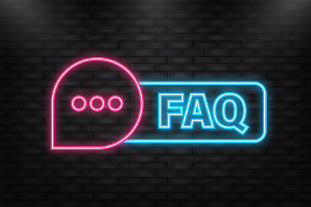 Custom neon signs with pink heart icon and blue FAQ text glowing on a dark brick wall