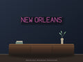 New Orleans City Name Neon Sign shown above a walnut console in a styled room mockup