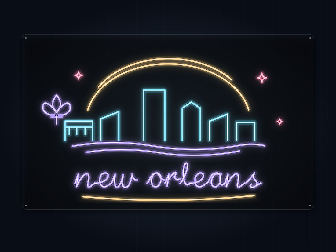New Orleans Skyline Neon Sign with colorful landmark artwork and flowing city lettering - front digital render