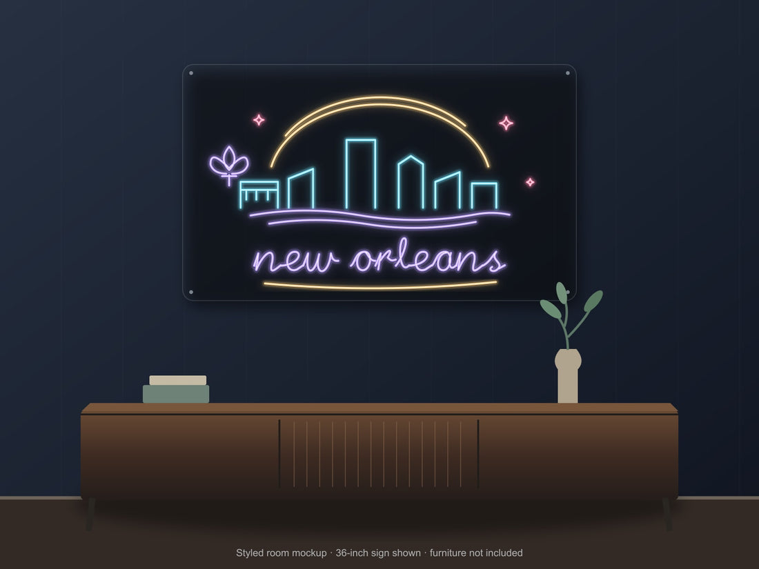 New Orleans Skyline Neon Sign with colorful landmark artwork and flowing city lettering - front digital render