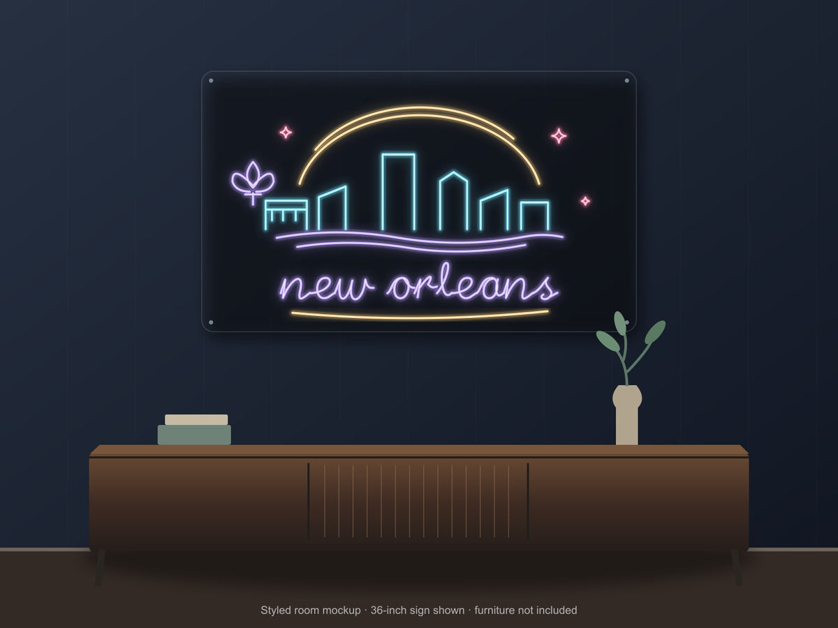 New Orleans Skyline Neon Sign shown above a walnut console in a styled room mockup