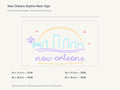 New Orleans Skyline Neon Sign size guide with overall dimensions for all four widths