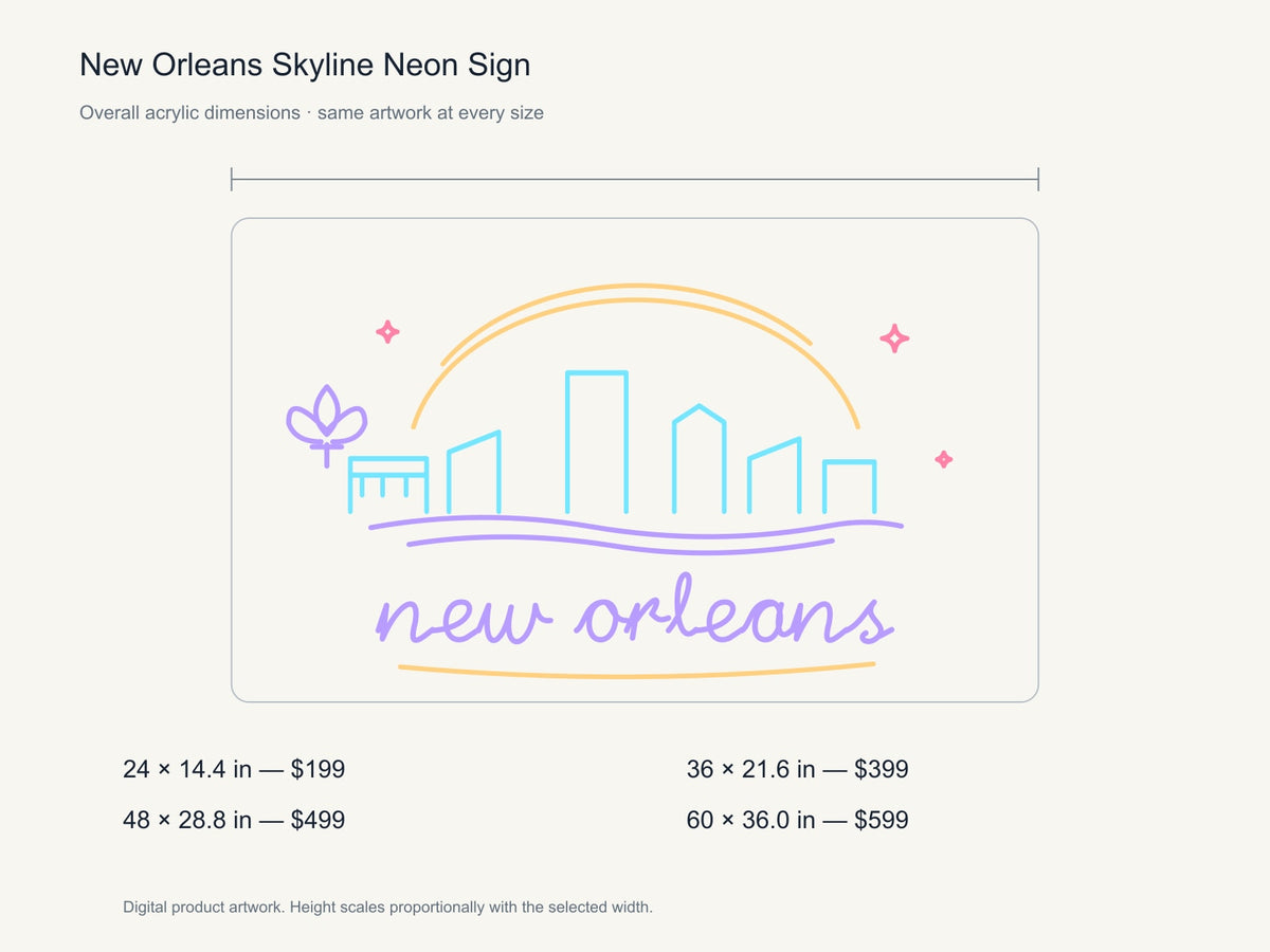 New Orleans Skyline Neon Sign size guide with overall dimensions for all four widths