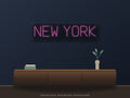 New York City Name Neon Sign shown above a walnut console in a styled room mockup