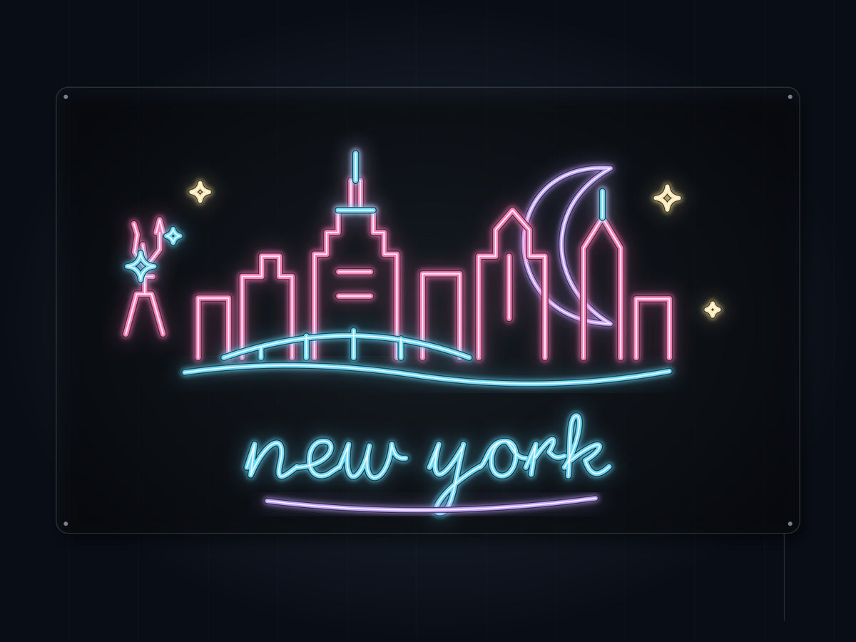 New York Skyline Neon Sign with colorful landmark artwork and flowing city lettering - front digital render