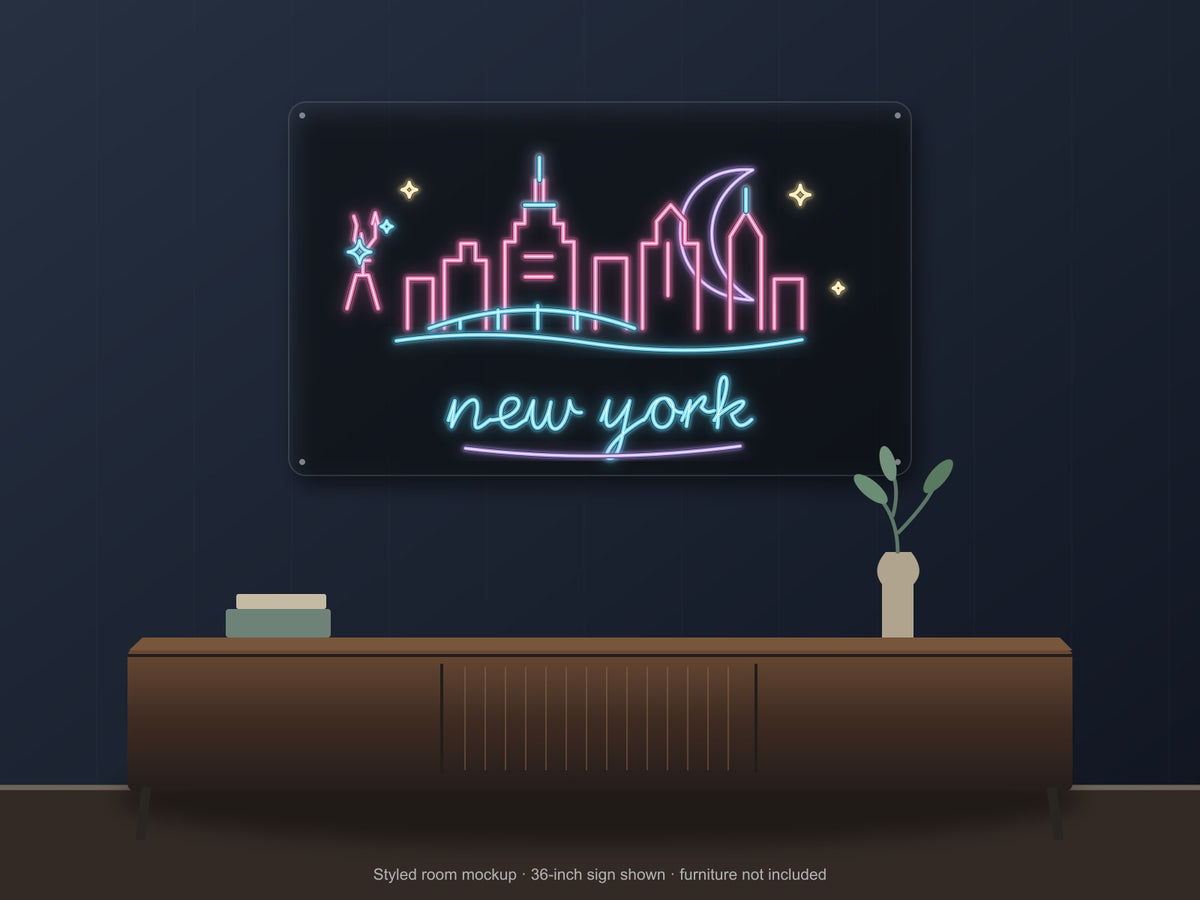 New York Skyline Neon Sign shown above a walnut console in a styled room mockup