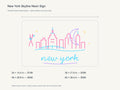 New York Skyline Neon Sign size guide with overall dimensions for all four widths