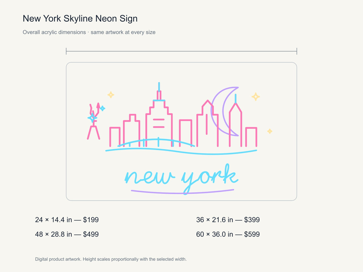 New York Skyline Neon Sign size guide with overall dimensions for all four widths