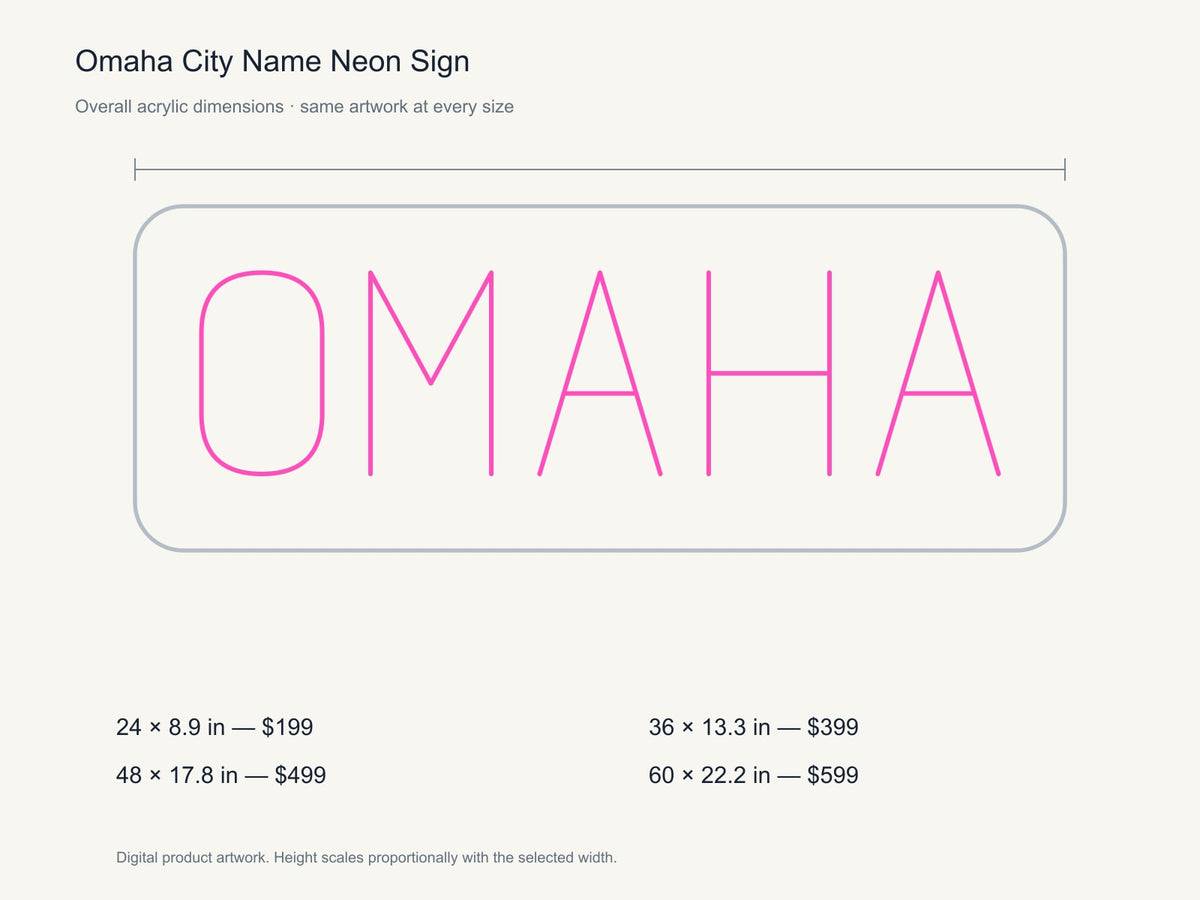 Omaha City Name Neon Sign size guide with overall dimensions for all four widths