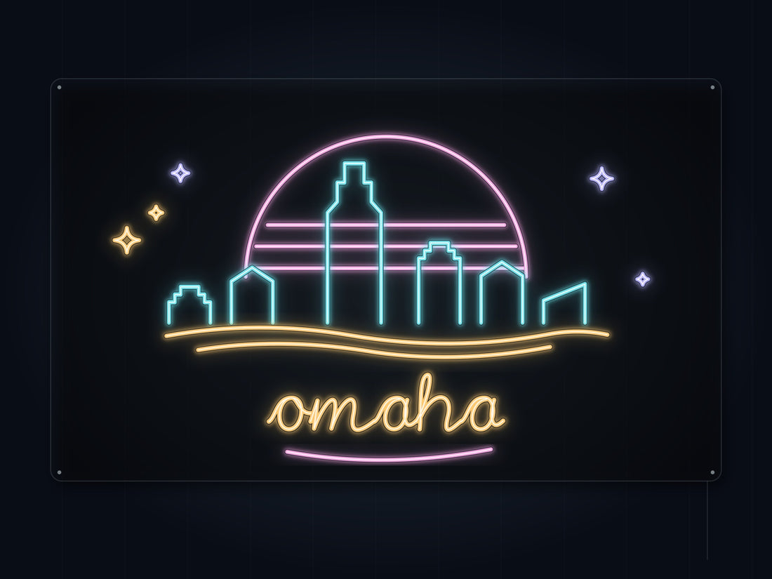Omaha Skyline Neon Sign with colorful landmark artwork and flowing city lettering - front digital render