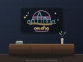 Omaha Skyline Neon Sign shown above a walnut console in a styled room mockup