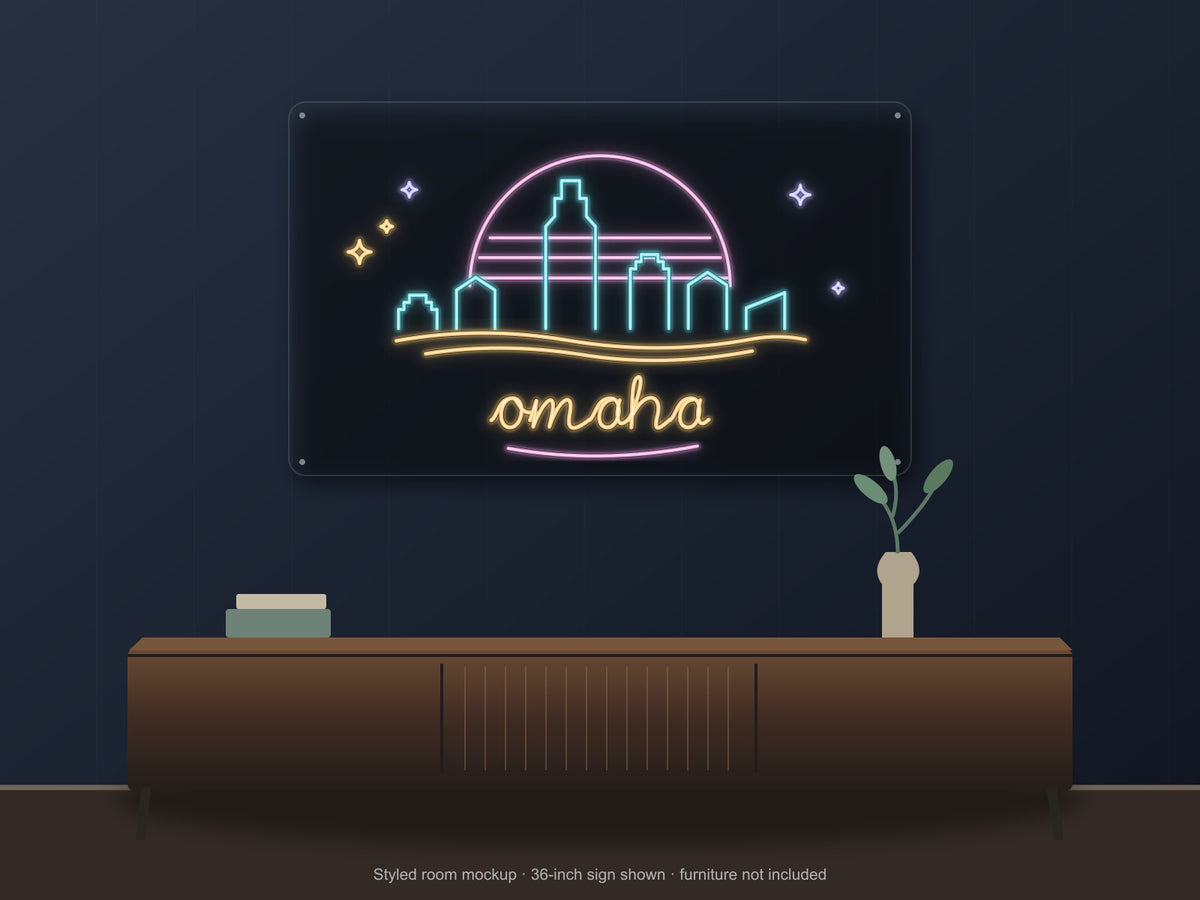 Omaha Skyline Neon Sign shown above a walnut console in a styled room mockup