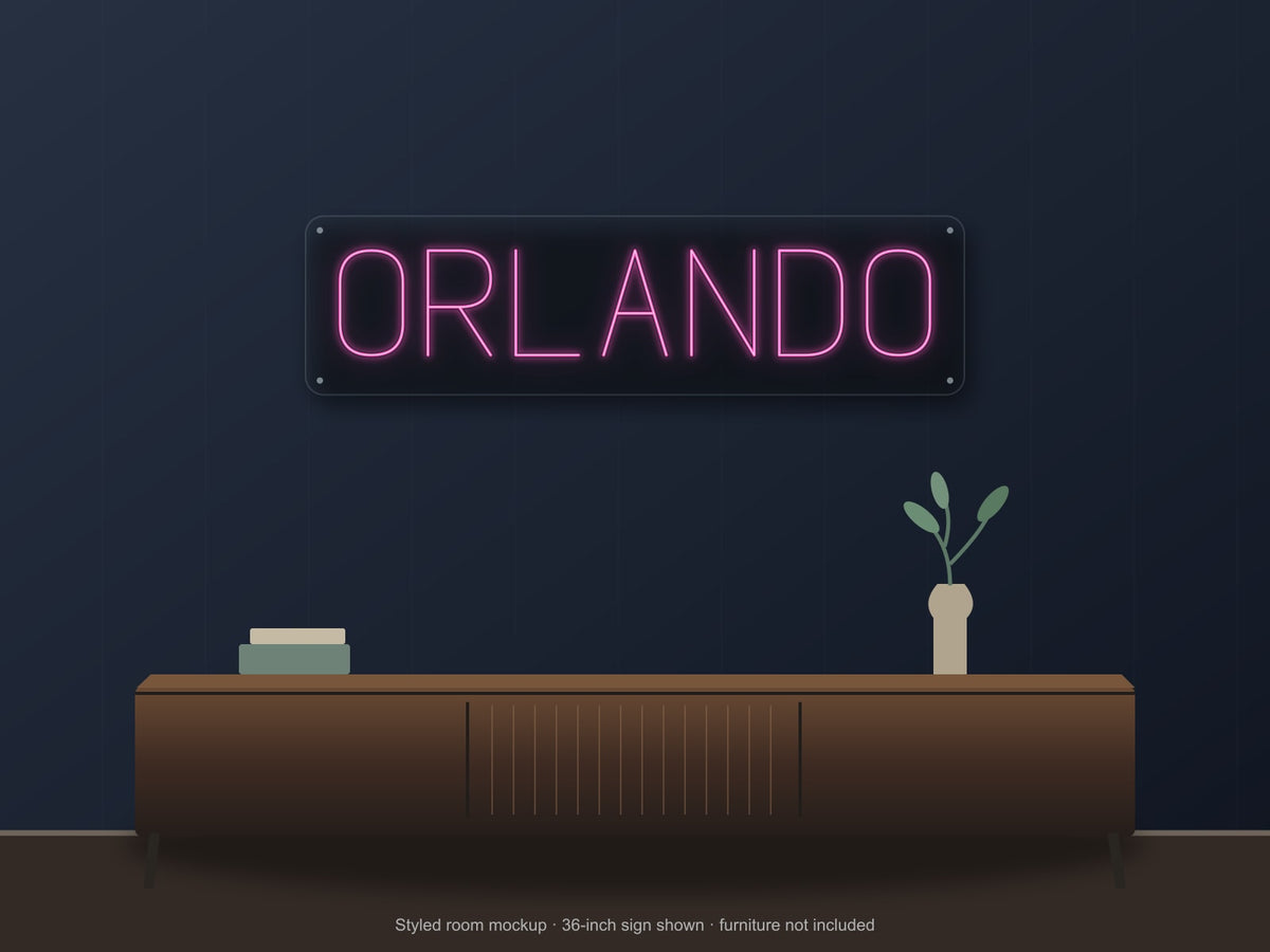 Orlando City Name Neon Sign shown above a walnut console in a styled room mockup