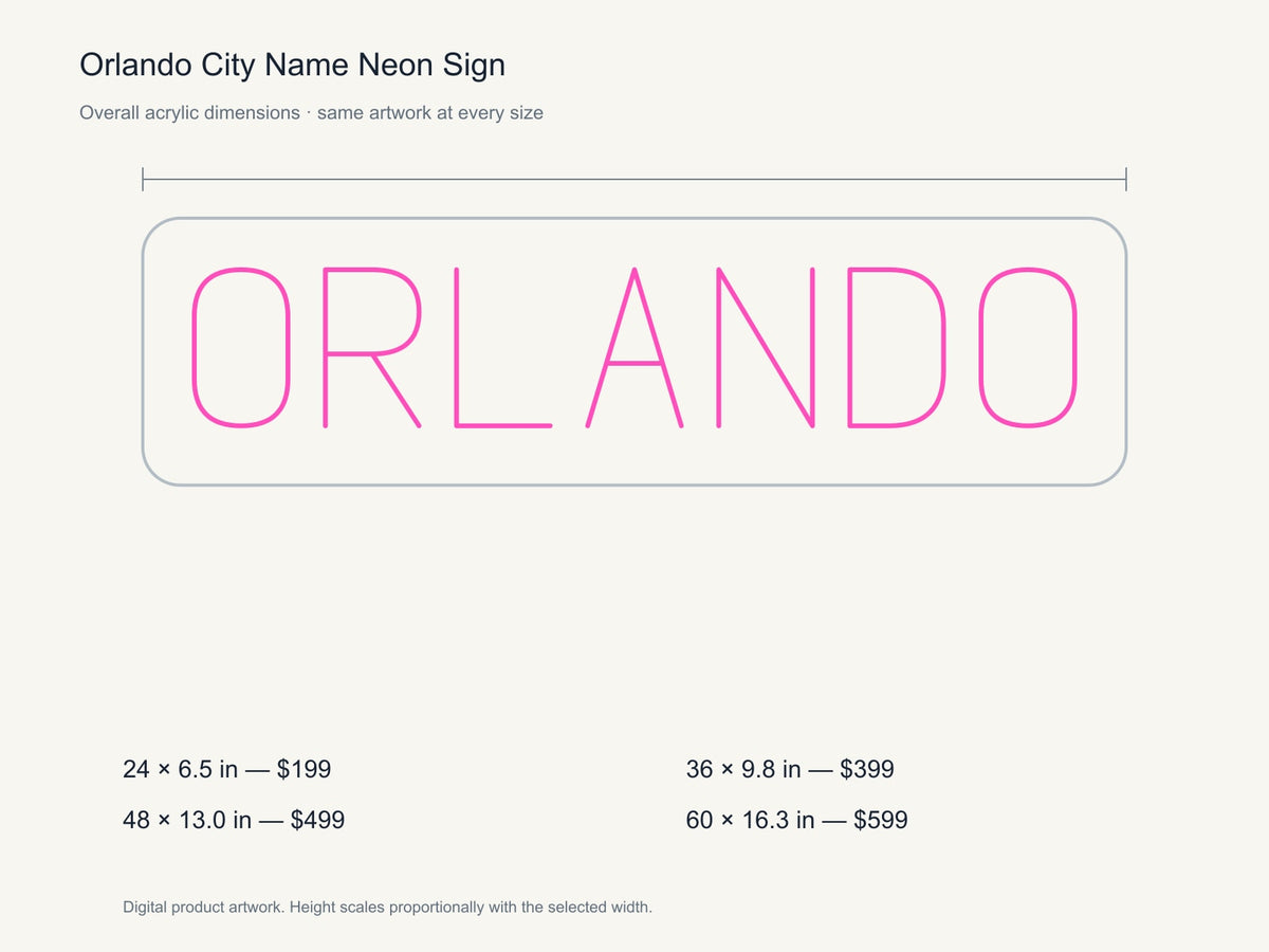 Orlando City Name Neon Sign size guide with overall dimensions for all four widths